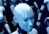 A group of glossy white humanoid robots against a dark blue background
